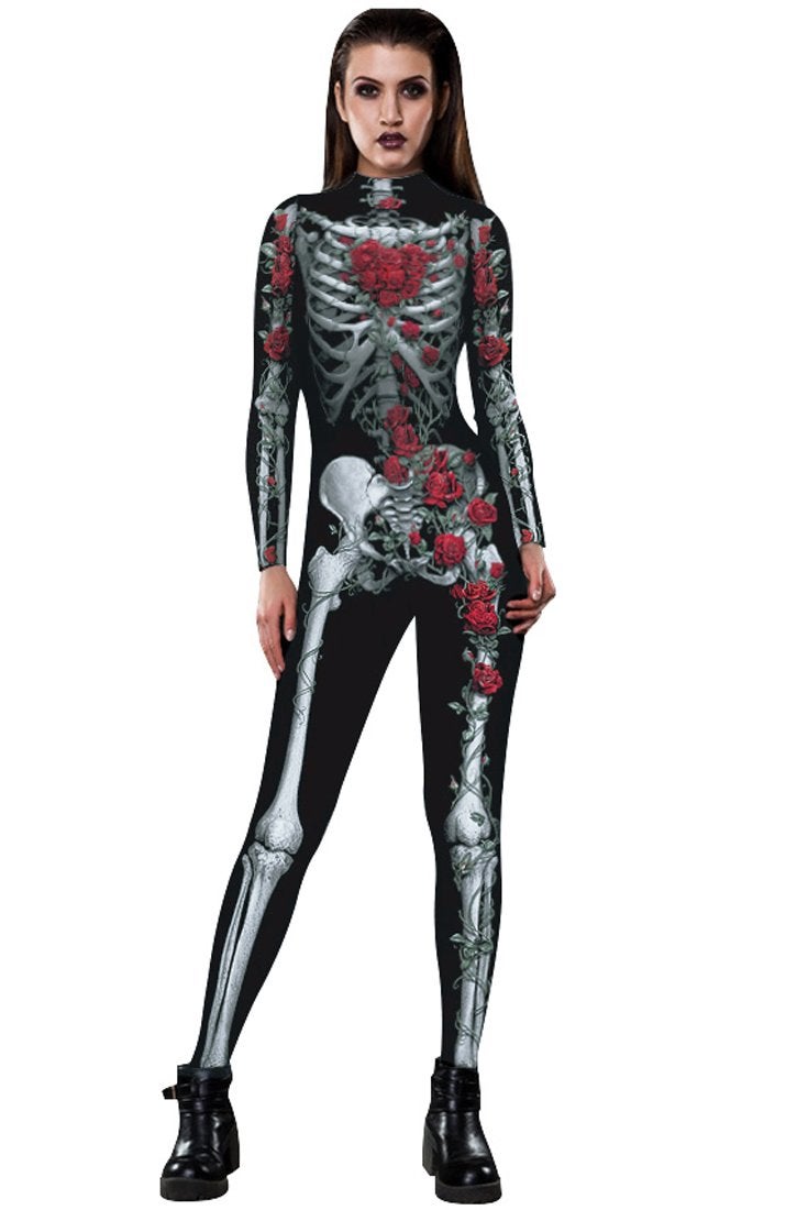 URVIP Women Halloween Skeleton Costume Stretch Skinny Catsuit Jumpsuit Bodysuit Color-BAX-008 L - Image 1
